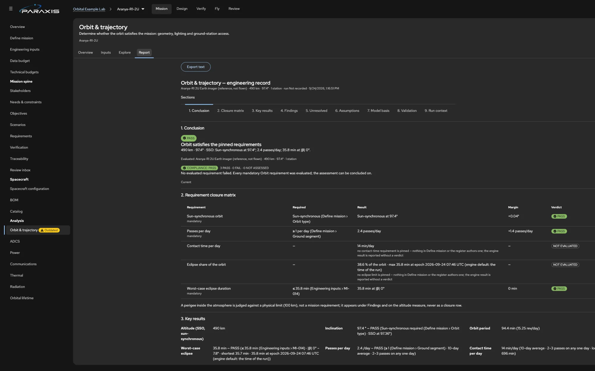 Analysis report screen